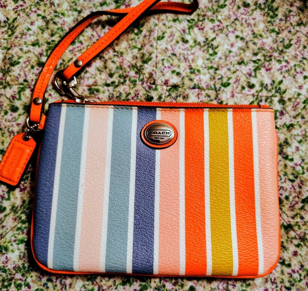 EUC Coach Peyton Rainbow Stripes Medium Wristlet Wallet Coin Purse Pouch